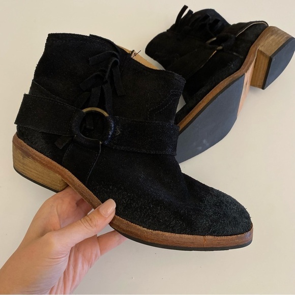 Free People || Bandalier Bootie Harness Fringe Zip Black Suede 37 - Picture 2 of 11
